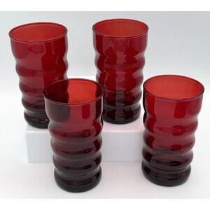 4 Anchor Hocking Royal Ruby Red‎ Glass Wavy Ribbed Tumblers Ombre Vintage MCM